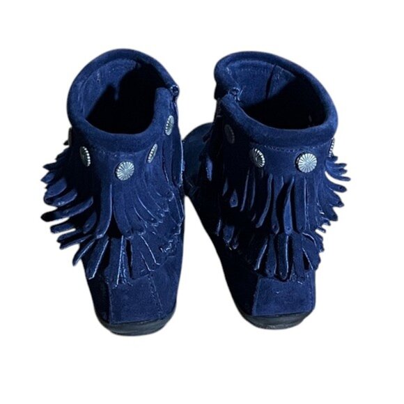 Minnetonka Navy Blue Suede Leather Fringe Ankle Boots Moccasins Size 8.5 - Picture 7 of 10